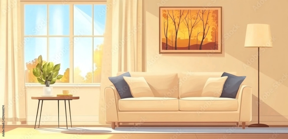 Fototapeta premium Autumn living room interior scene, sunny day, peaceful atmosphere, stock photo