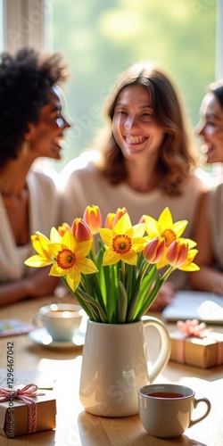 Women sitting at a table with a vase full of flowers in the foreground
