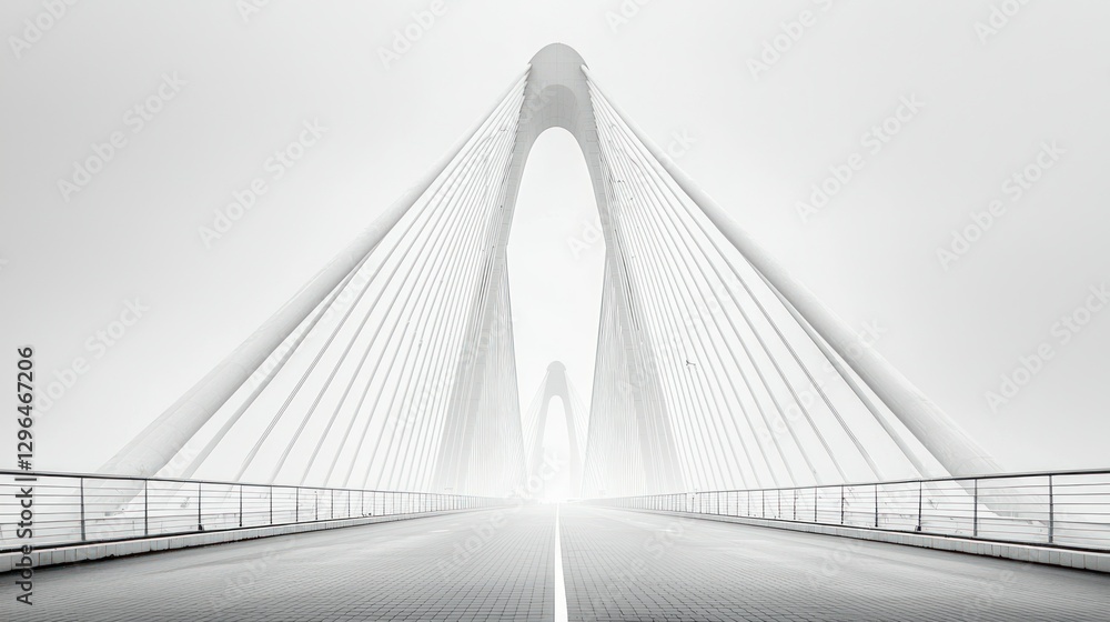 Fototapeta premium Modern bridge in fog, empty road, architectural minimalism
