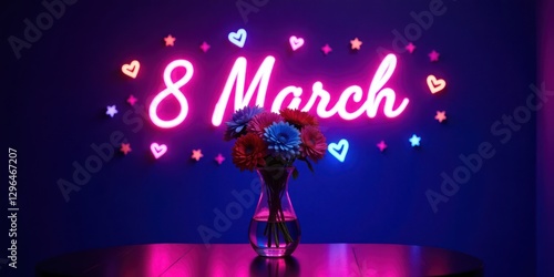 A neon sign that reads March 8 is surrounded by neon hearts and flowers