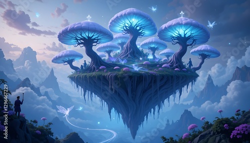 Low Poly Floating Island with Bioluminescent Trees and Glowing Mushrooms