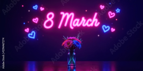 A neon sign that reads March 8 is surrounded by neon hearts and flowers