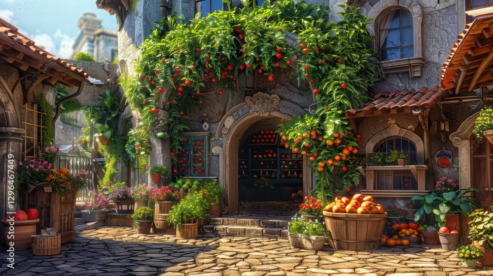 Fototapeta premium Charming Market Street with Vibrant Fruits and Lush Greenery