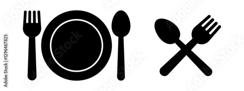 Vector isolated Plate, Spoon and Fork icon set in black fill