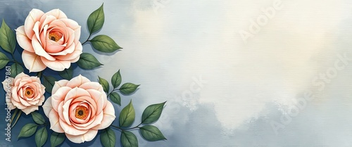 Vibrant Realistic Painting: Three Pink Roses Against Muted Blue and White Background. A painting of three pink roses with green leaves on a blue background.
