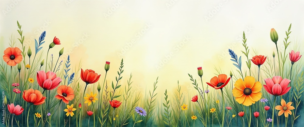 Vibrant Meadow Painting: Red, Yellow, and Purple Flowers Against Soft Background. A painting of a meadow filled with colorful flowers. Vibrant Meadow Painting: Red, Yellow, and Purple Flowers Against Soft Background. A painting of a meadow filled with colorful flowers.