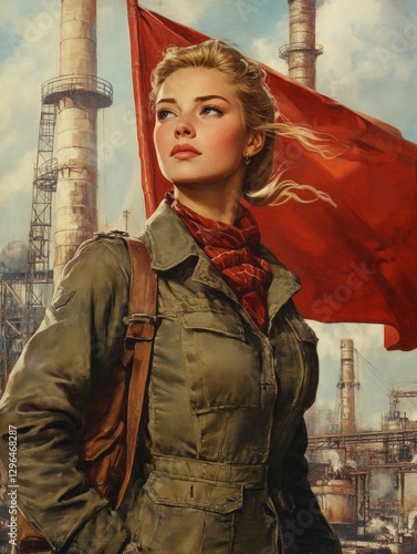 Soviet propaganda poster featuring determined woman with red flag in industrial setting