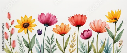 Vibrant Watercolor Painting of Colorful Flowers Against a White Background: Bright Pinks, Purples, Blues, and Greens. A watercolor painting of flowers on a white background.