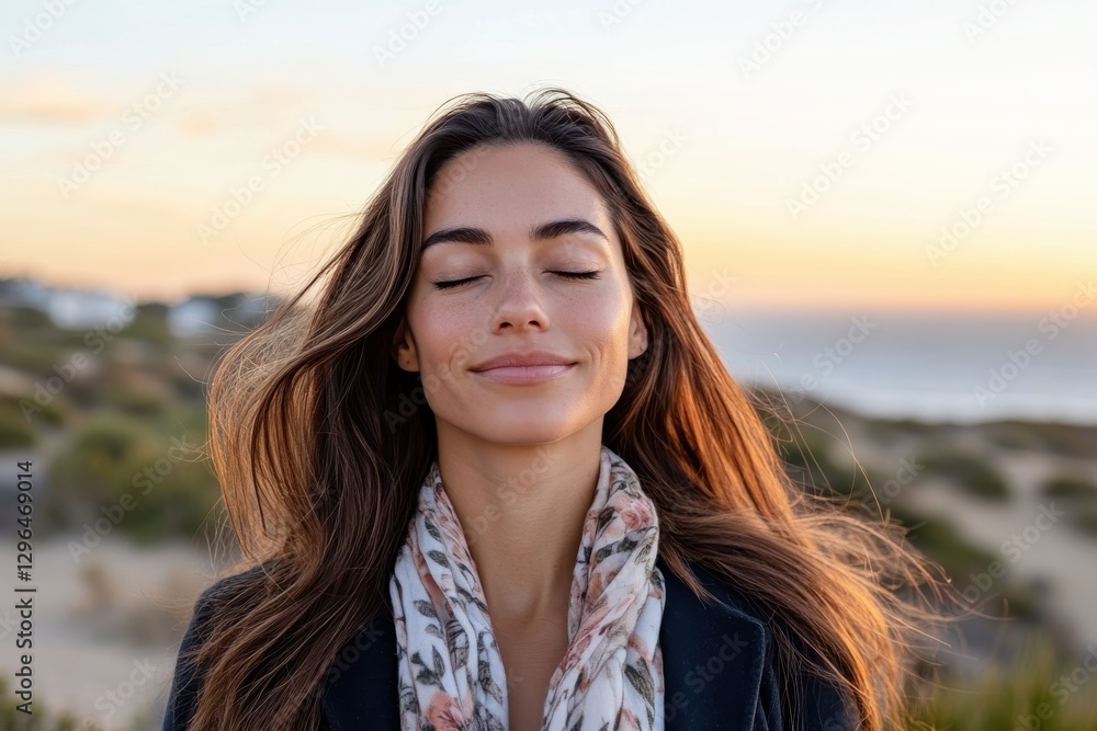 A serene woman stands against a coastal backdrop, eyes closed and embracing the moment, showcasing tranquility and connection with nature as the sun sets behind her. A serene woman stands against a coastal backdrop, eyes closed and embracing the moment, showcasing tranquility and connection with nature as the sun sets behind her.