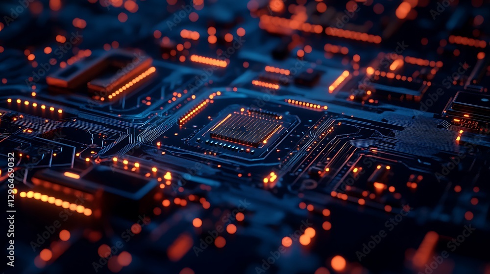 Illuminated Circuit Board Close-up with Orange Light Detail and Dark Background Illuminated Circuit Board Close-up with Orange Light Detail and Dark Background