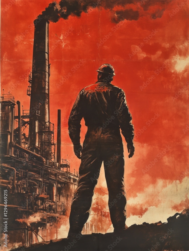 Fototapeta premium Vintage soviet propaganda poster featuring industrial worker and factory smokestack in dynamic rise