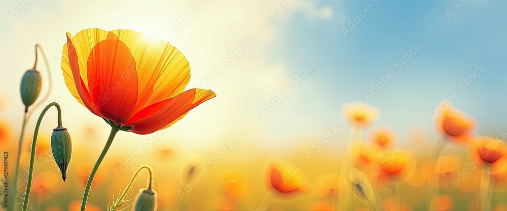 Fototapeta premium Vibrant Red Poppies Bloom Amidst SunsetDrenched Field of Flowers Against Stunning BlueWhite Sky. A field of poppies under a bright blue sky.