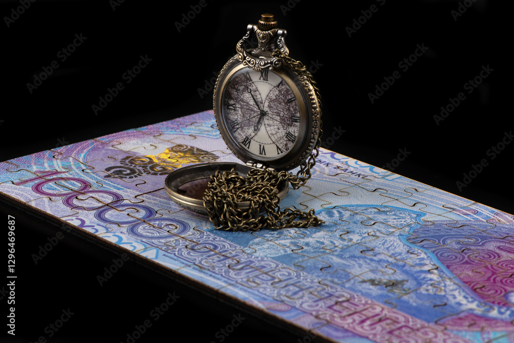 Φωτογραφία An antique pocket watch and a 10,000 Kazakhstani tenge banknote assembled from p