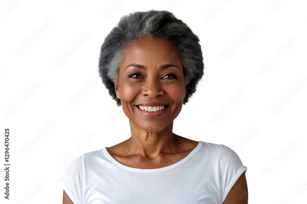 a mature African woman with a sincere smile wearing a simple white t-shirt a mature African woman with a sincere smile wearing a simple white t-shirt
