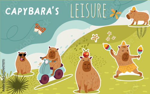Collage, horizontal banner, background with cute capybara character, summer activities, scooter, riding. Hand drawn vector illustration.