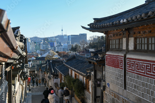 Photography People walking at the Bukchon Hanok village on Seoul in South Korea