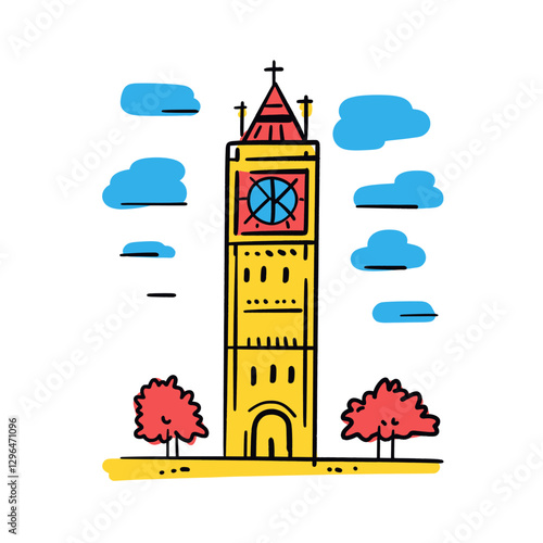 Big Ben illustration in an doodle inca cartoon style. Simple minimalist drawing of Big Ben