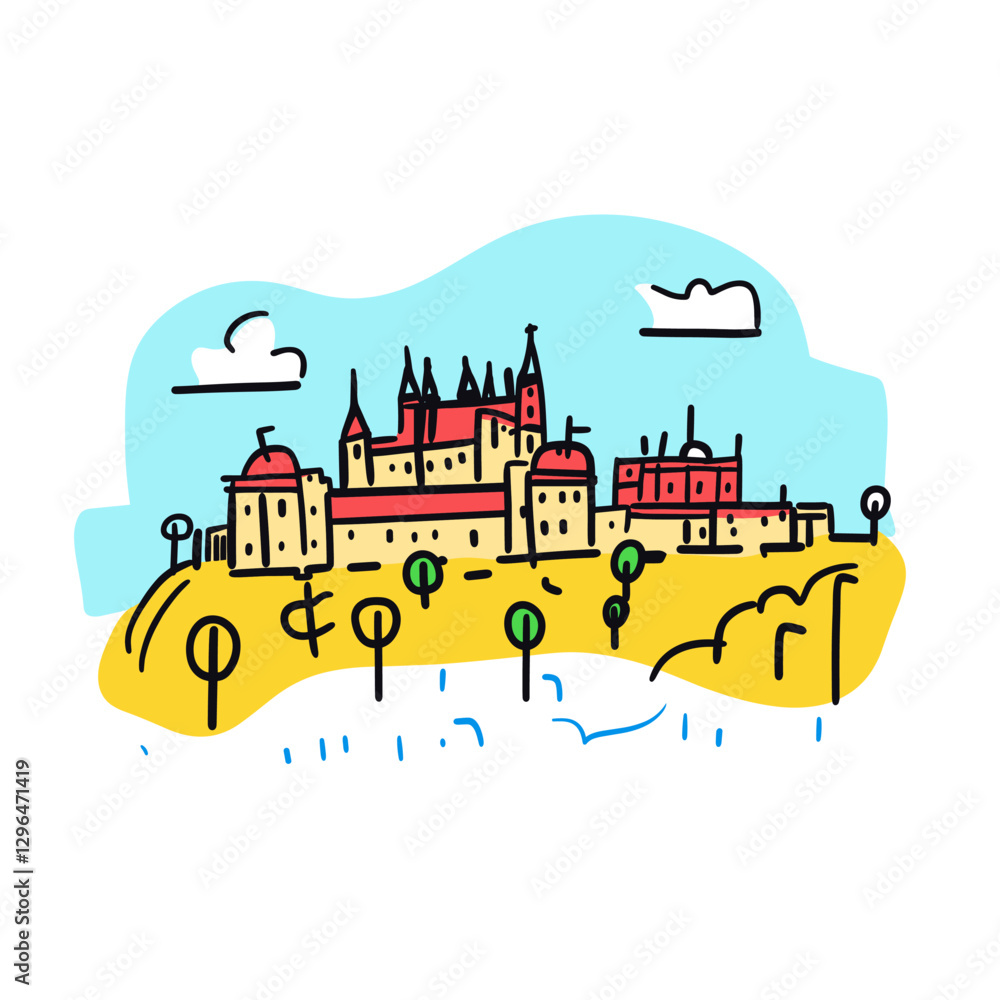 Fototapeta premium Prague Castle illustration in an doodle inca cartoon style. Simple minimalist drawing of Prague Castle