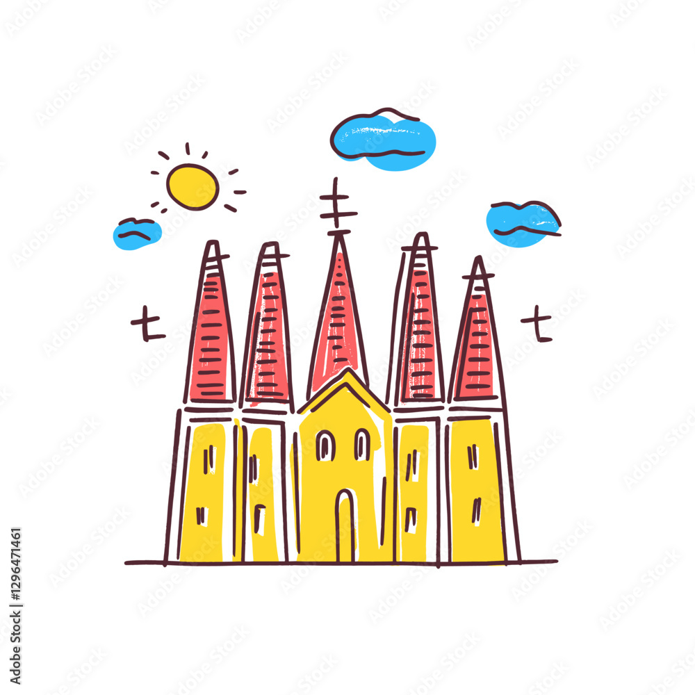 Obraz premium Sagrada Familia illustration in an doodle inca cartoon style. Simple minimalist drawing of Sagrada Familia