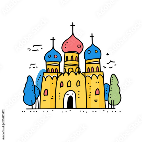 Saint Basil's Cathedral illustration in an doodle inca cartoon style. Simple minimalist drawing of Cathedral of Vasily the Blessed