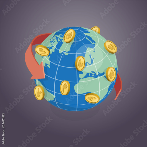 Money transfer and online currency exchange concept. World with currency symbol and arrow. Global investment and financial innovation technology. 3D flat isometric vector.