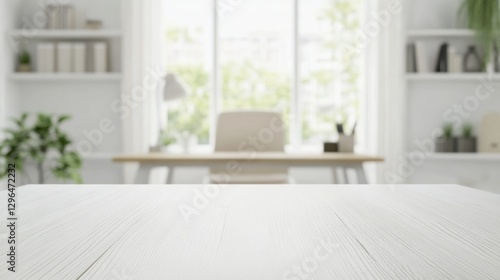 Bright white rectangular wooden table with soft natural lighting and blurred minimalist home office background featuring desk and chair
