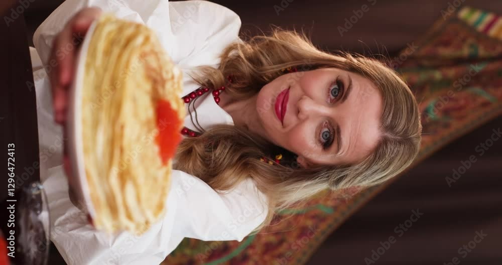 beautiful russian girl with a stack of pancakes with red caviar on russian Maslenitsa
