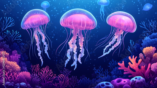 Fototapeta Naklejka Na Ścianę i Meble -  Glowing jellyfish swim above vibrant coral reef in deep ocean. Bioluminescent Coral Reef. Illustration