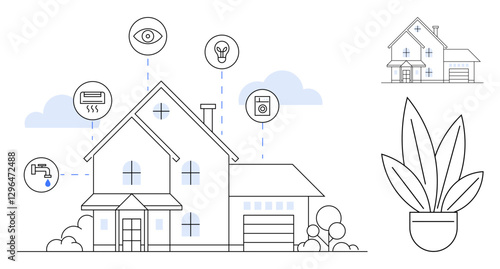 Modern house with connected devices. Includes HVAC, lighting, water management, surveillance, washing machine. Ideal for smart home technology, automation, energy efficiency security convenience
