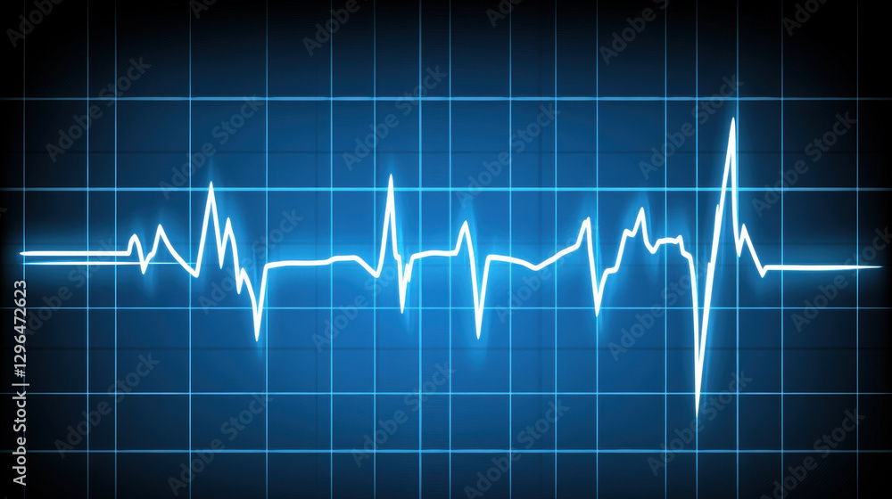 Digital heartbeat monitor displaying blue electrocardiogram waveform, representing heart activity and health monitoring Digital heartbeat monitor displaying blue electrocardiogram waveform, representing heart activity and health monitoring