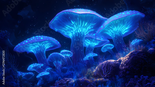 Glowing underwater bioluminescent mushrooms and coral reef. Bioluminescent Coral Reef. Illustration