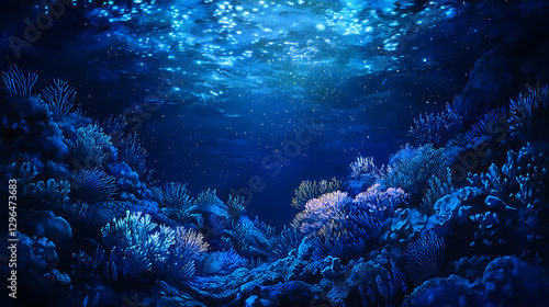 Fototapeta Naklejka Na Ścianę i Meble -  Oceanic illumination in coral reef habitat, ocean, underwater scene, ocean. Bioluminescent Coral Reef. Illustration