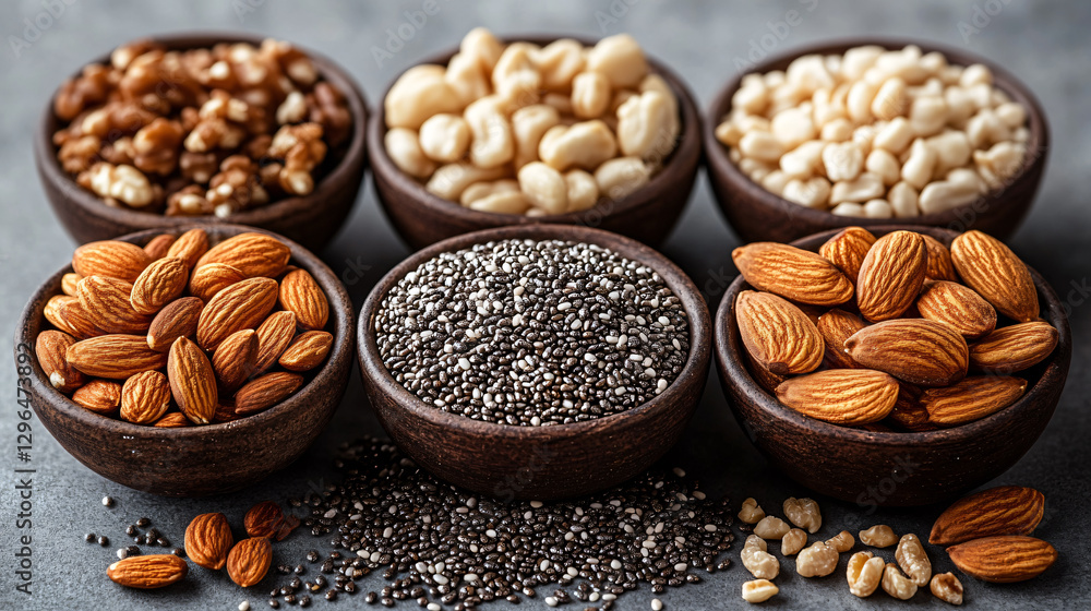 Assorted Nuts and Seeds in Rustic Wooden Bowls Assorted Nuts and Seeds in Rustic Wooden Bowls