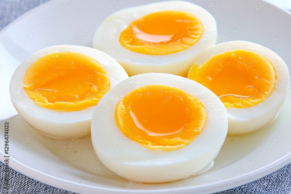 A beautifully plated ramen bowl with a soft-boiled egg cut in half, revealing its creamy yolk A beautifully plated ramen bowl with a soft-boiled egg cut in half, revealing its creamy yolk