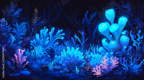 Fototapeta Naklejka Na Ścianę i Meble -  Vibrant blue light illuminates a dark coral reef ecosystem, vibrant, tropical. Bioluminescent Coral Reef. Illustration
