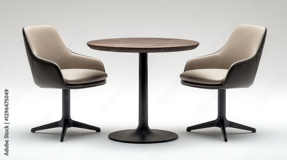Modern, round table and two chairs in a studio setting
