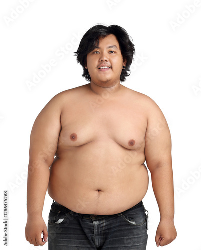 Asian Happy Fat Boy Acting Bodybuilding feeling good Health isolated on white background