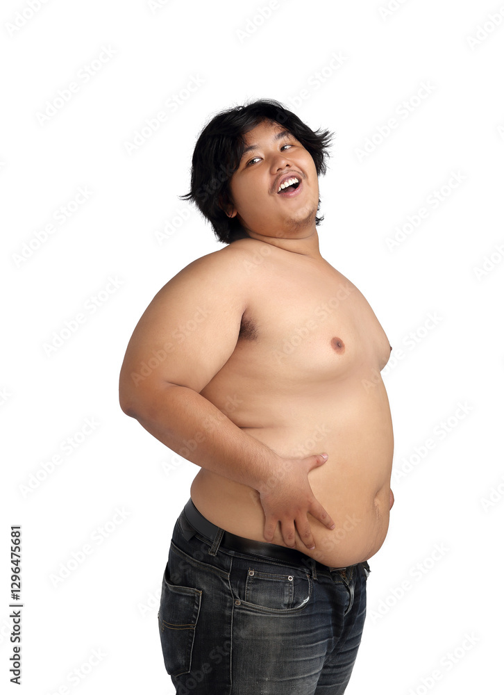 Asian Happy Fat Boy Acting Bodybuilding feeling good Health isolated on white background Asian Happy Fat Boy Acting Bodybuilding feeling good Health isolated on white background