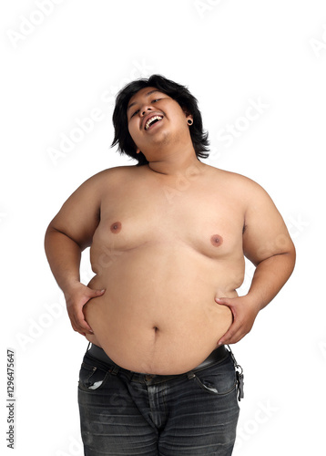 Asian Happy Fat Boy Acting Bodybuilding feeling good Health isolated on white background