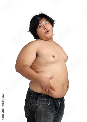 Asian Happy Fat Boy Acting Bodybuilding feeling good Health isolated on white background