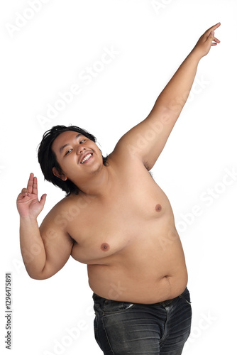 Asian Happy Fat Boy Acting Bodybuilding feeling good Health isolated on white background