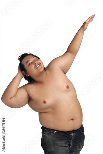 Asian Happy Fat Boy Acting Bodybuilding feeling good Health isolated on white background