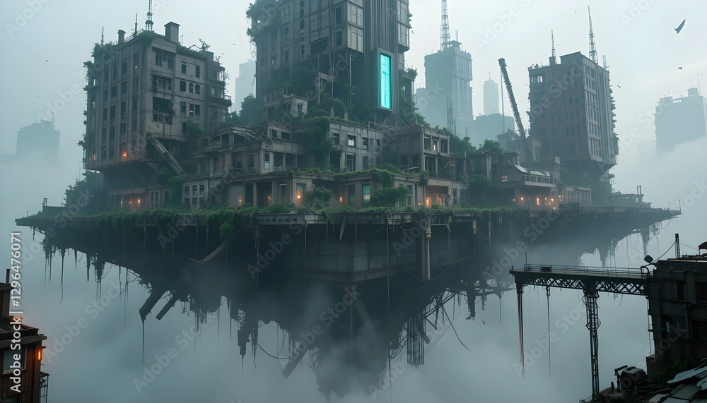 Naklejka premium Floating Post-Apocalyptic City with Crumbling Skyscrapers and Fading Neon Lights