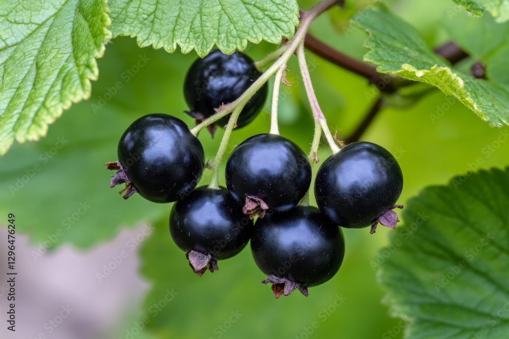A blackcurrant bush in full bloom, with ripe berries hanging from delicate branches A blackcurrant bush in full bloom, with ripe berries hanging from delicate branches