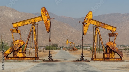 Rusty oil pumps flanking a desert road.