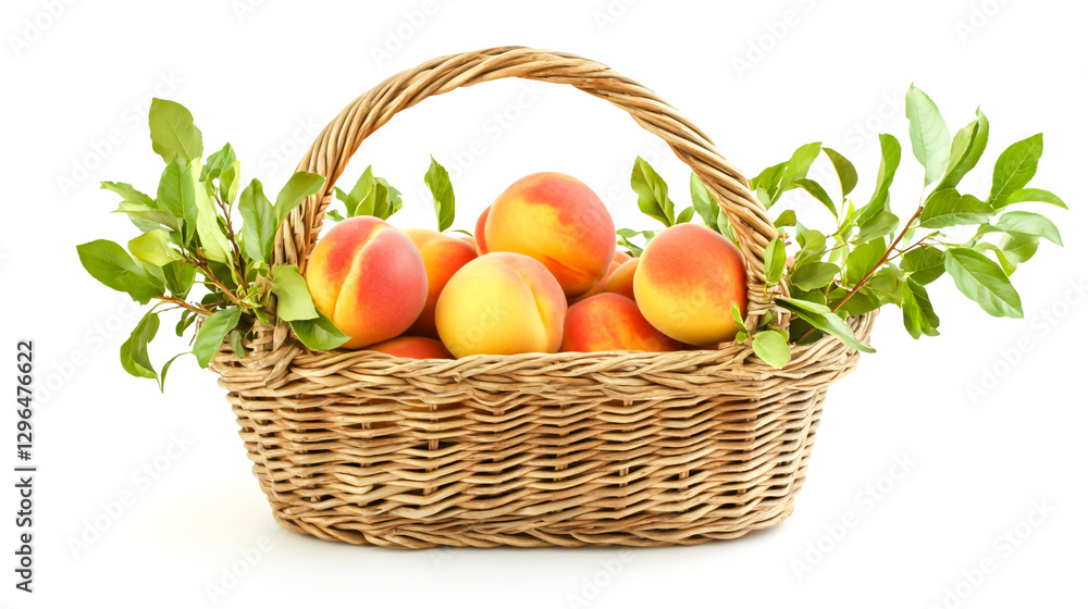 Ripe Peaches in Wicker Basket with Green Leaves on White Background Ripe Peaches in Wicker Basket with Green Leaves on White Background