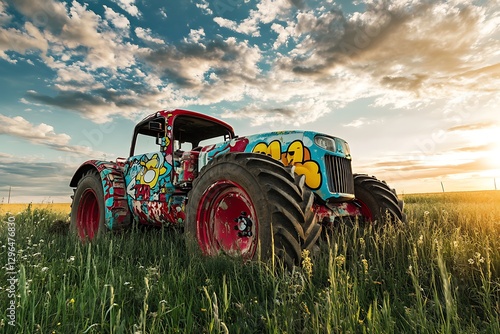 Tractor Art in Field: A vibrant, graffiti-covered tractor sits in a field of wildflowers under a dramatic, cloudy sky, capturing the intersection of art, agriculture, and the rural landscape. photo