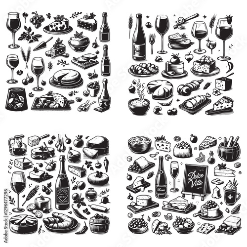 chalk food vector illustrations. wedding dinner icons, wine or champagne glasses, cheese, and charcuterie drawings for wedding invitations, cafe menus, and parties.