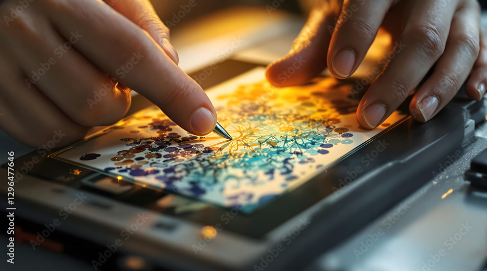 Hand drawing intricate patterns on microscope slide with vibrant colors Hand drawing intricate patterns on microscope slide with vibrant colors