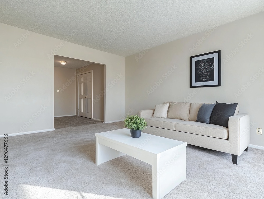 Fototapeta premium Beige living room interior, open concept, spacious, modern design, for sale or rent